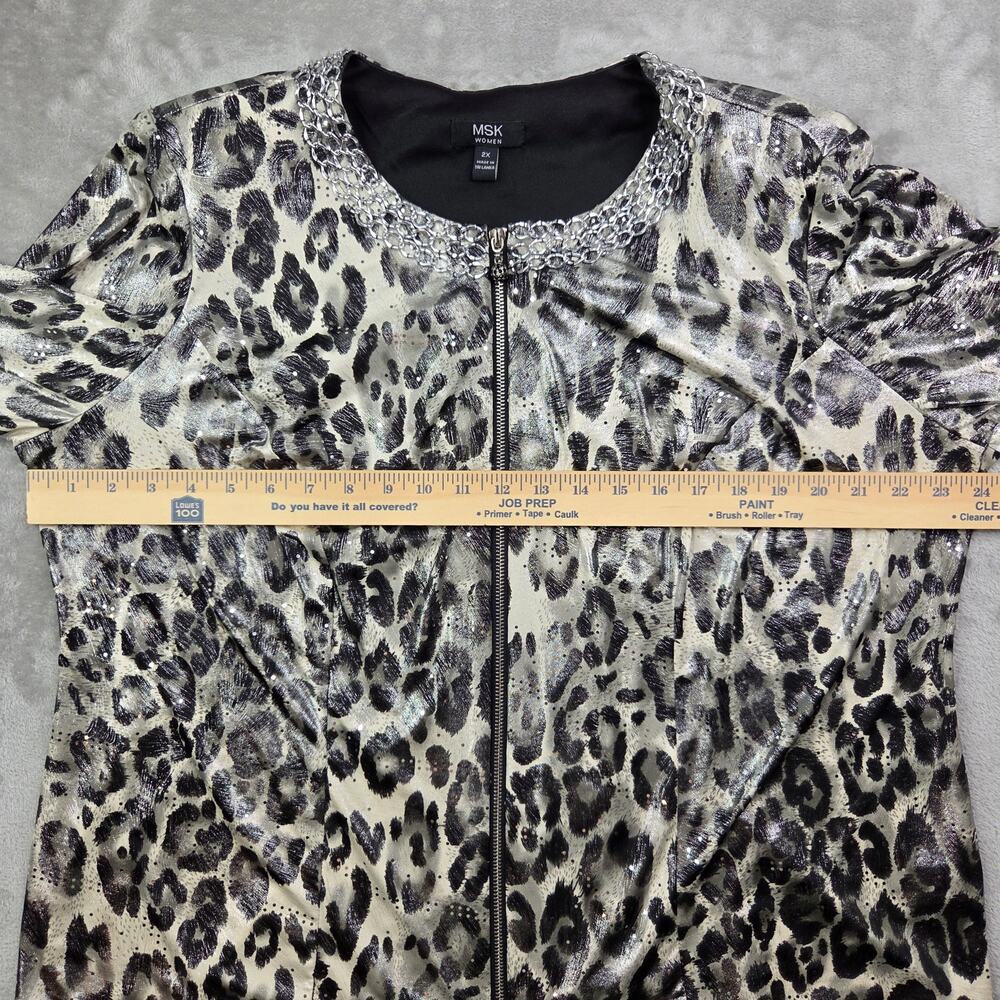 MSK Women 2X Plus Leopard Animal Print Metallic Chain Zip Front Top Glam Chic - Picture 9 of 12